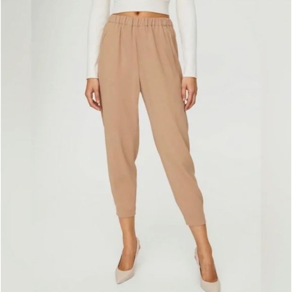 Babaton Aritzia Dexter Pull On Tuxedo Pants Tan Business Casual Elastic Waist M